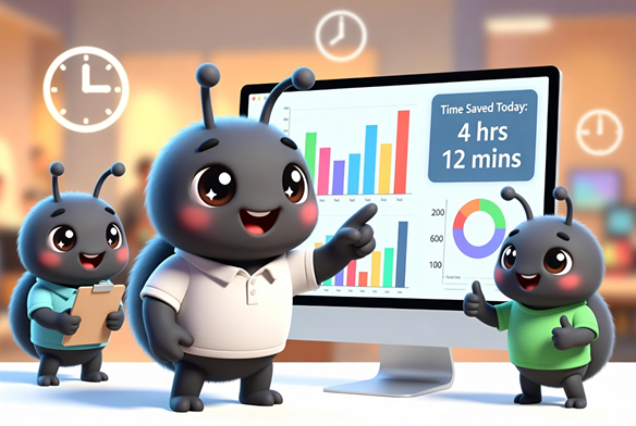 60Ticks mascots pointing at a chart showing time saved